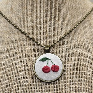 Cherry Necklace - Hand Embroidered - Bronze Pendant - Handmade