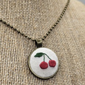 Cherry Necklace - Hand Embroidered - Bronze Pendant - Handmade