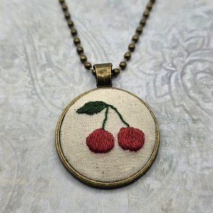 Cherry Necklace - Hand Embroidered - Bronze Pendant - Handmade