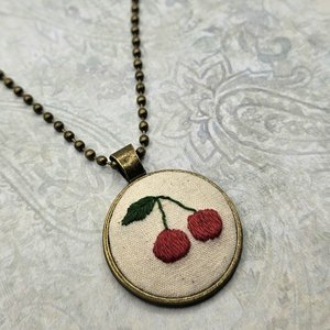 Cherry Necklace - Hand Embroidered - Bronze Pendant - Handmade