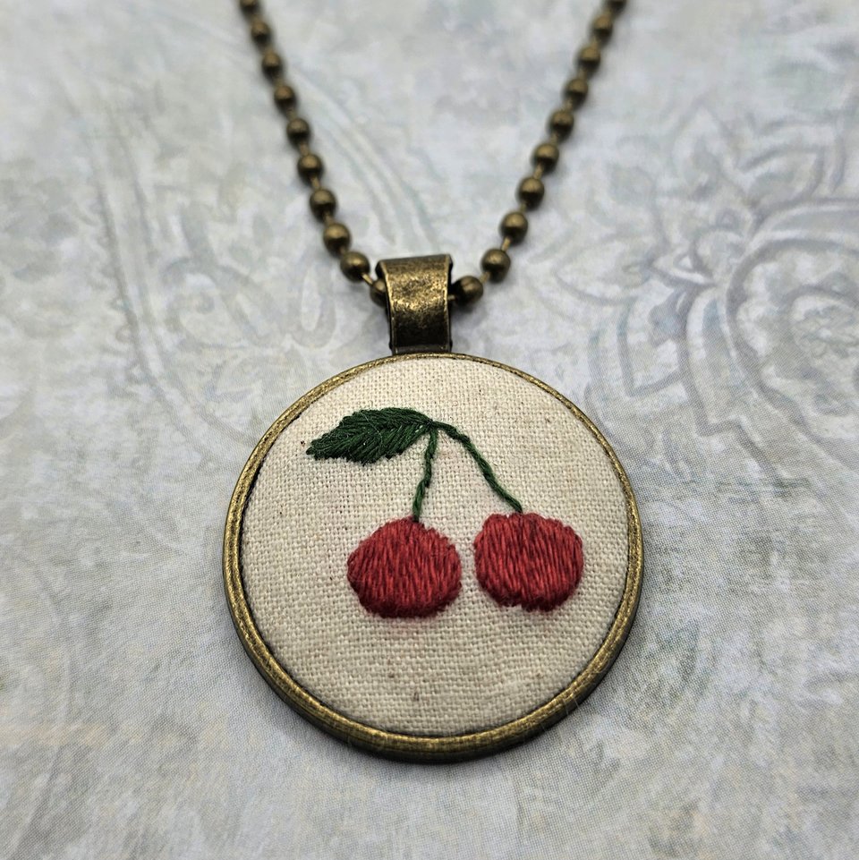 Cherry Necklace - Hand Embroidered - Bronze Pendant - Handmade