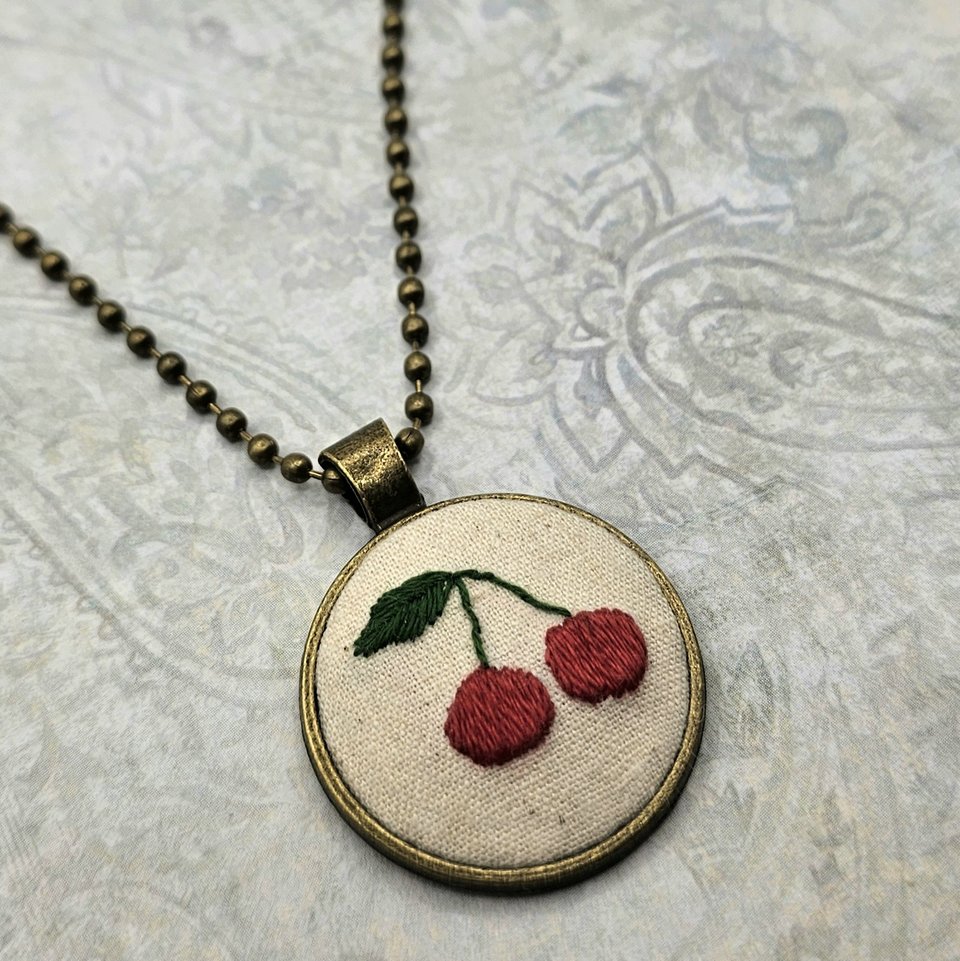 Cherry Necklace - Hand Embroidered - Bronze Pendant - Handmade