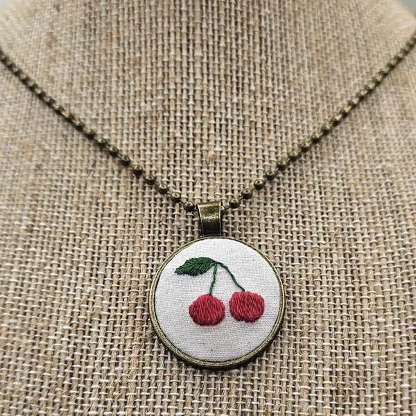 Cherry Necklace - Hand Embroidered - Bronze Pendant - Handmade